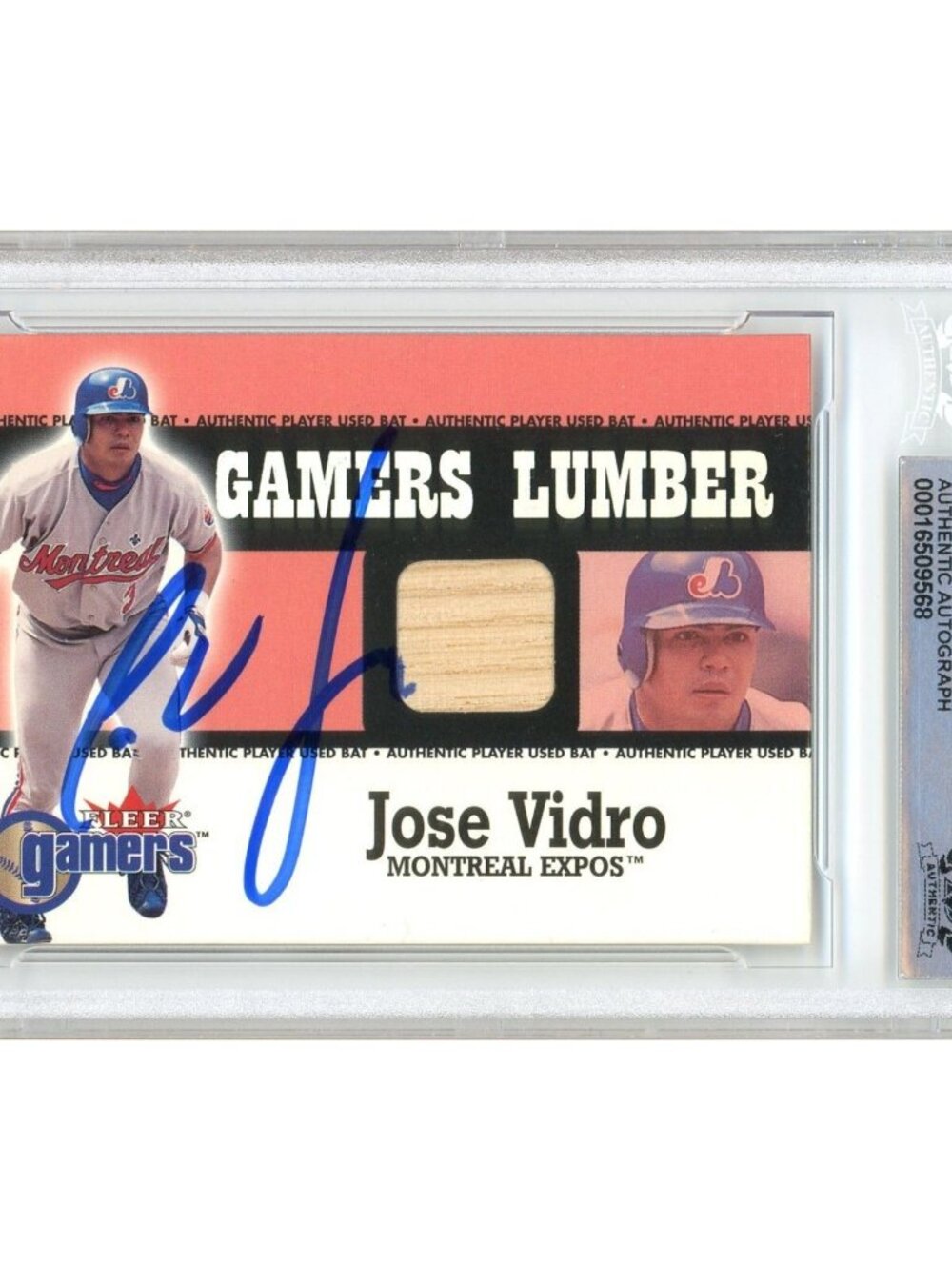 Jose Vidro Signed 2000 Fleer Gamers Lumber #46 Expos Beckett BAS Slab Relic Auto